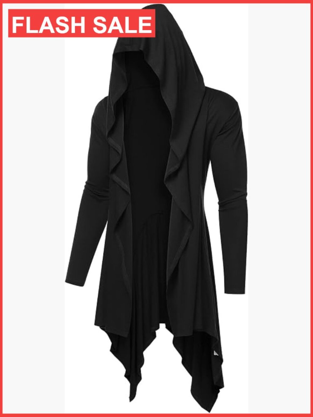 Long Hooded Cardigan Ruffle Shawl Collar Open Front Lightweight Drape Cape